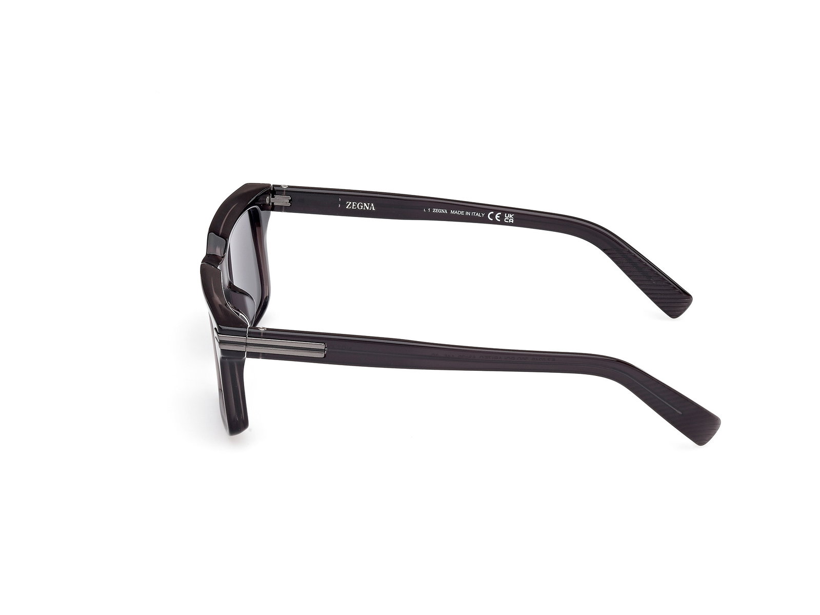 Das Bild zeigt die Bügel der Zegna Sonnenbrille 0249 in glänzend grau.
